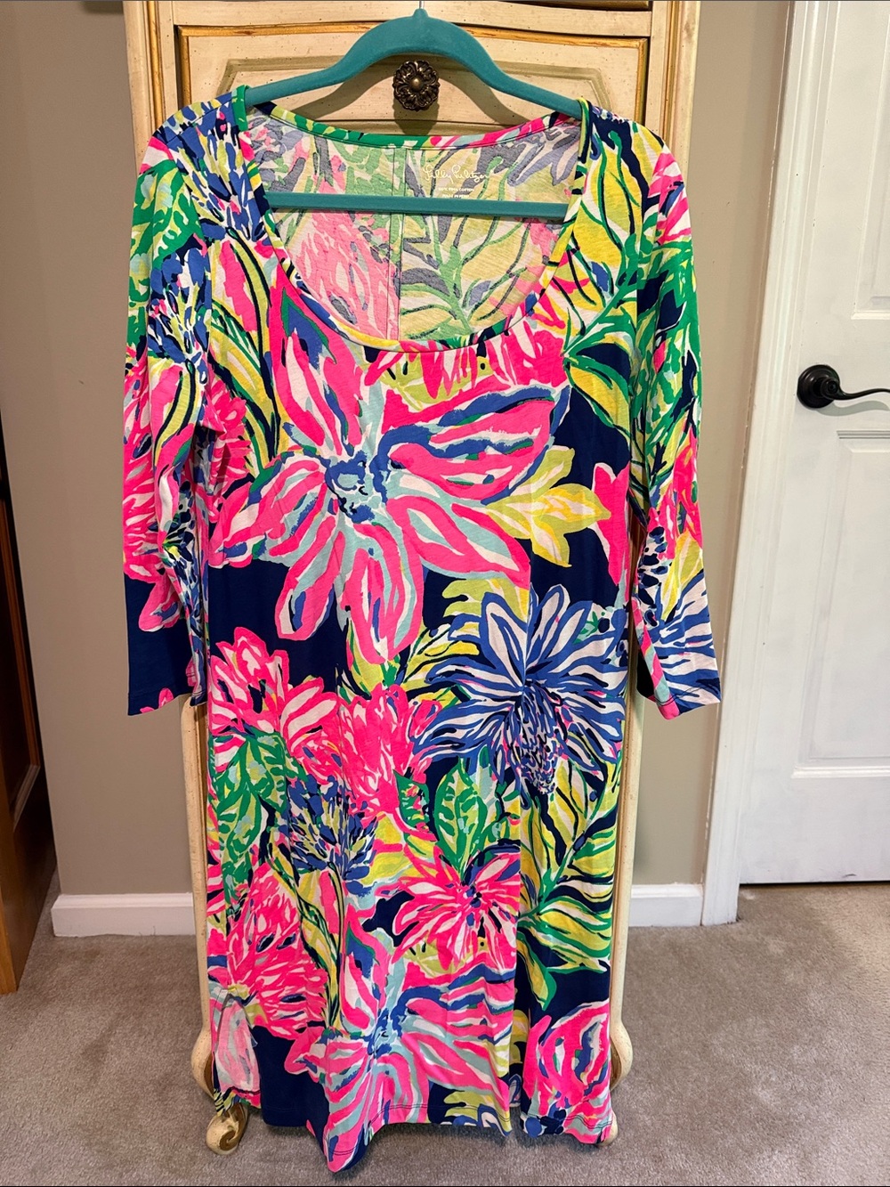 Lilly Pulitzer resort Navy travelers palm Scoop Neck Women's Dress size L